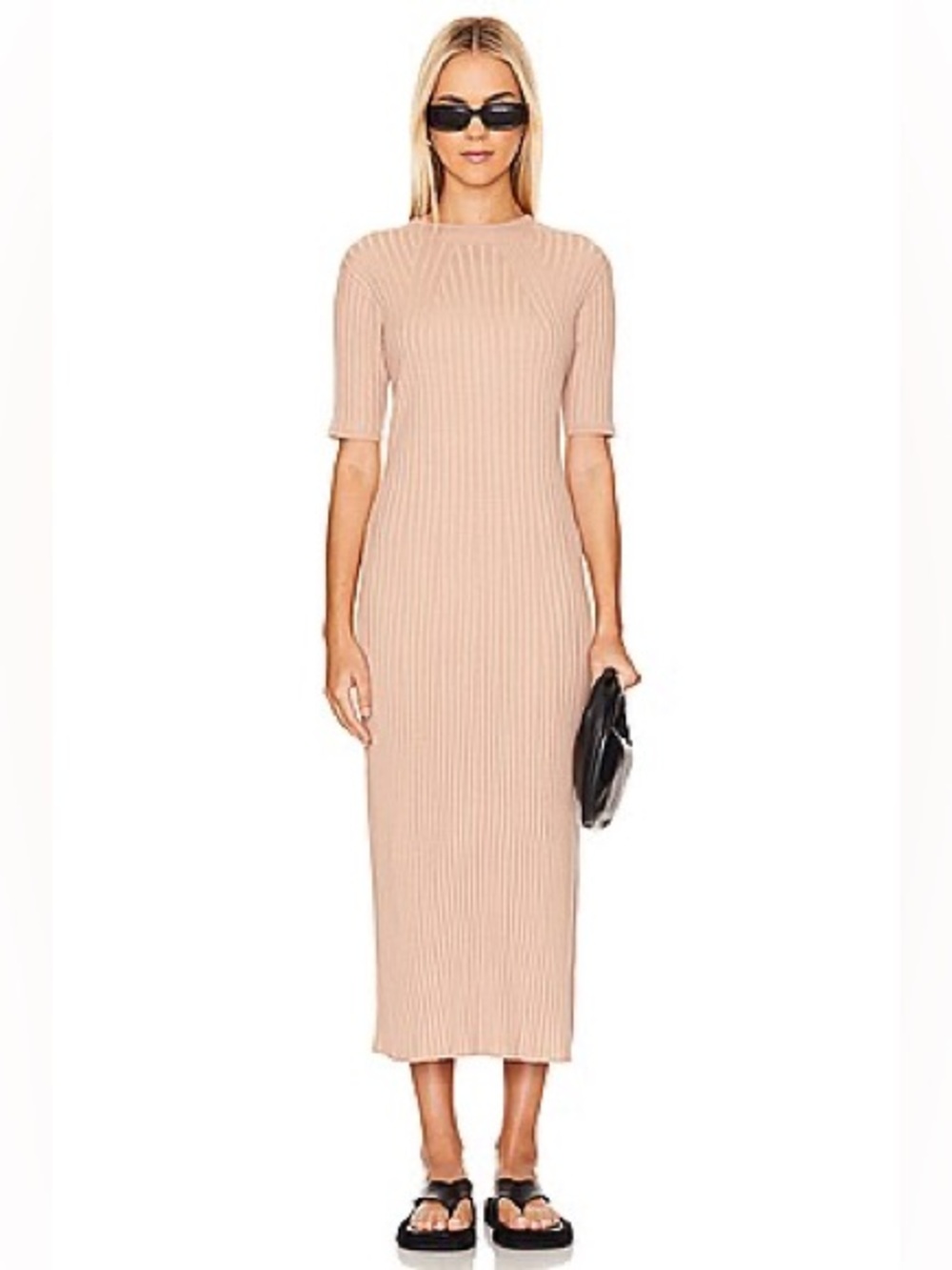 Varley Maeve Rib Knit Midi Dress in Warm Taupe, Size Medium
